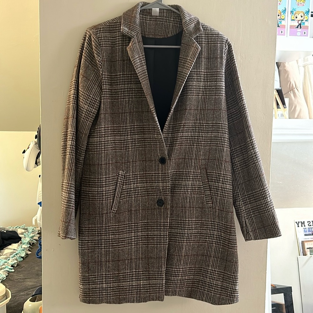 SheIn Women's Lapel Collar Coat Long Sleeve Plaid Blazer Outerwear Coffee Medium